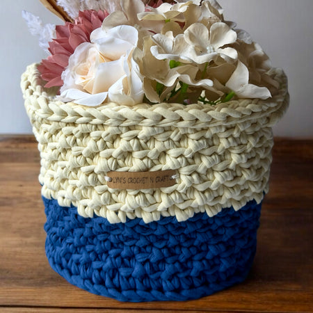 Handmade Crocheted Basket – Blue & Cream | Eco-Friendly Storage