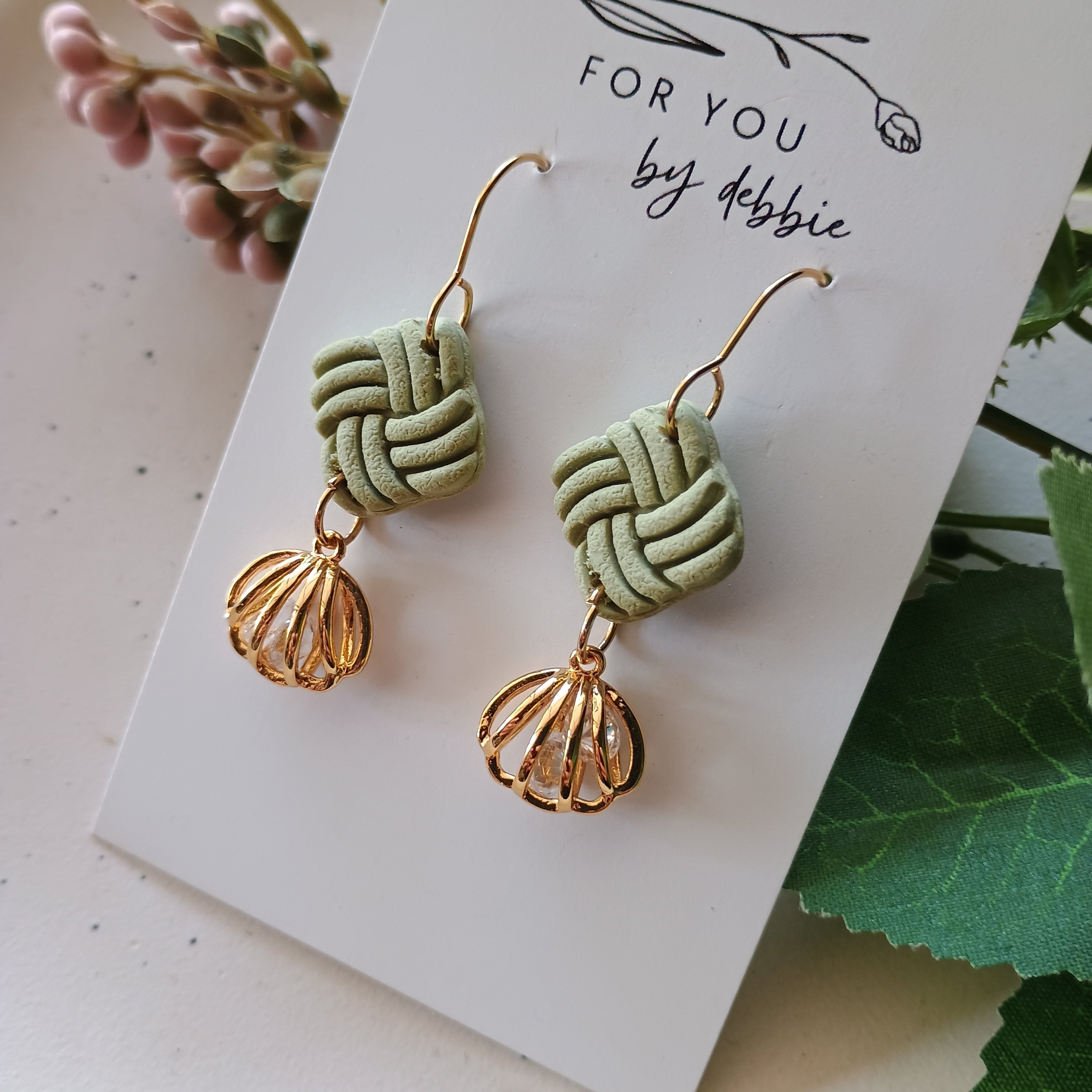 Embossed square dangle earrings- green and gold charm