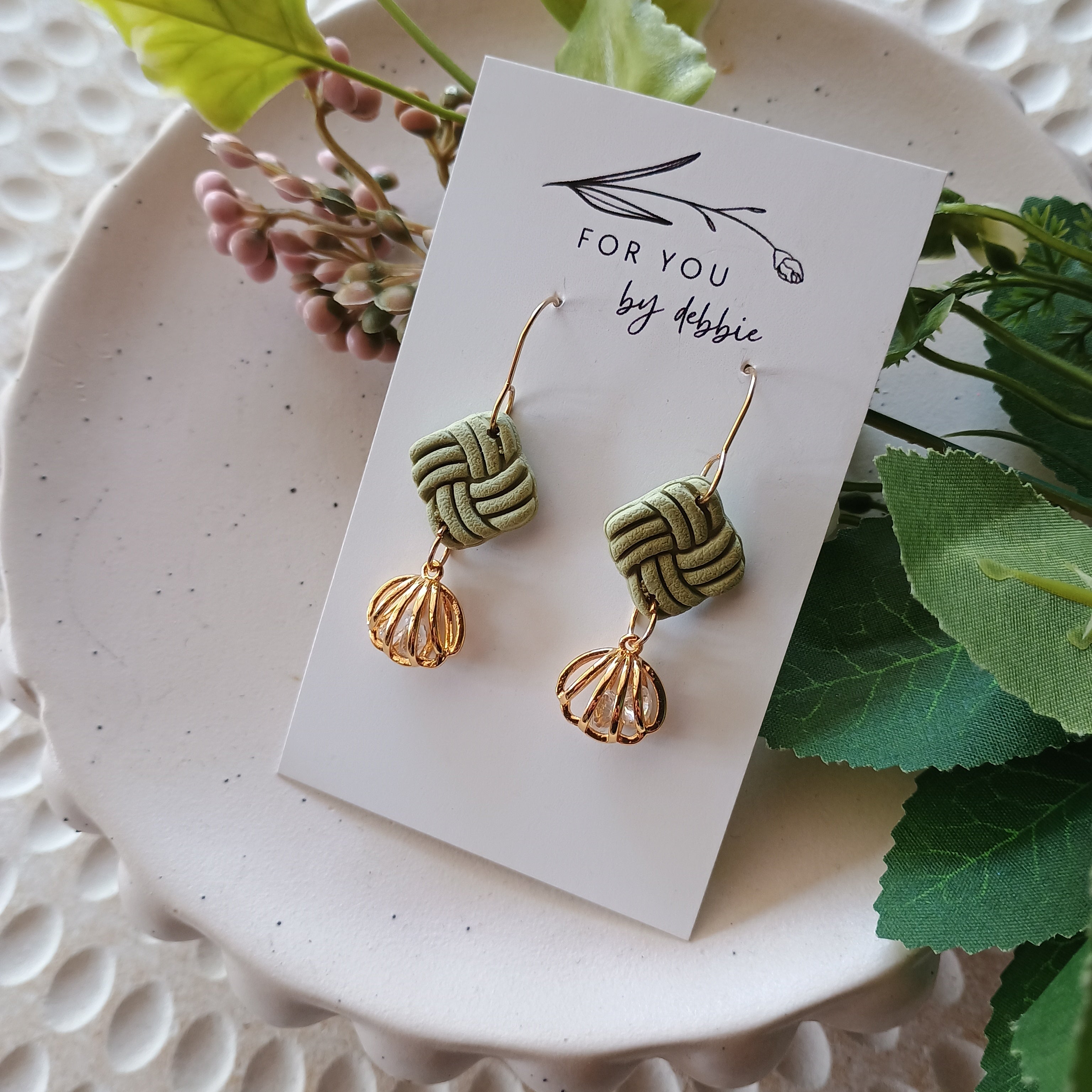 Embossed square dangle earrings- green and gold charm