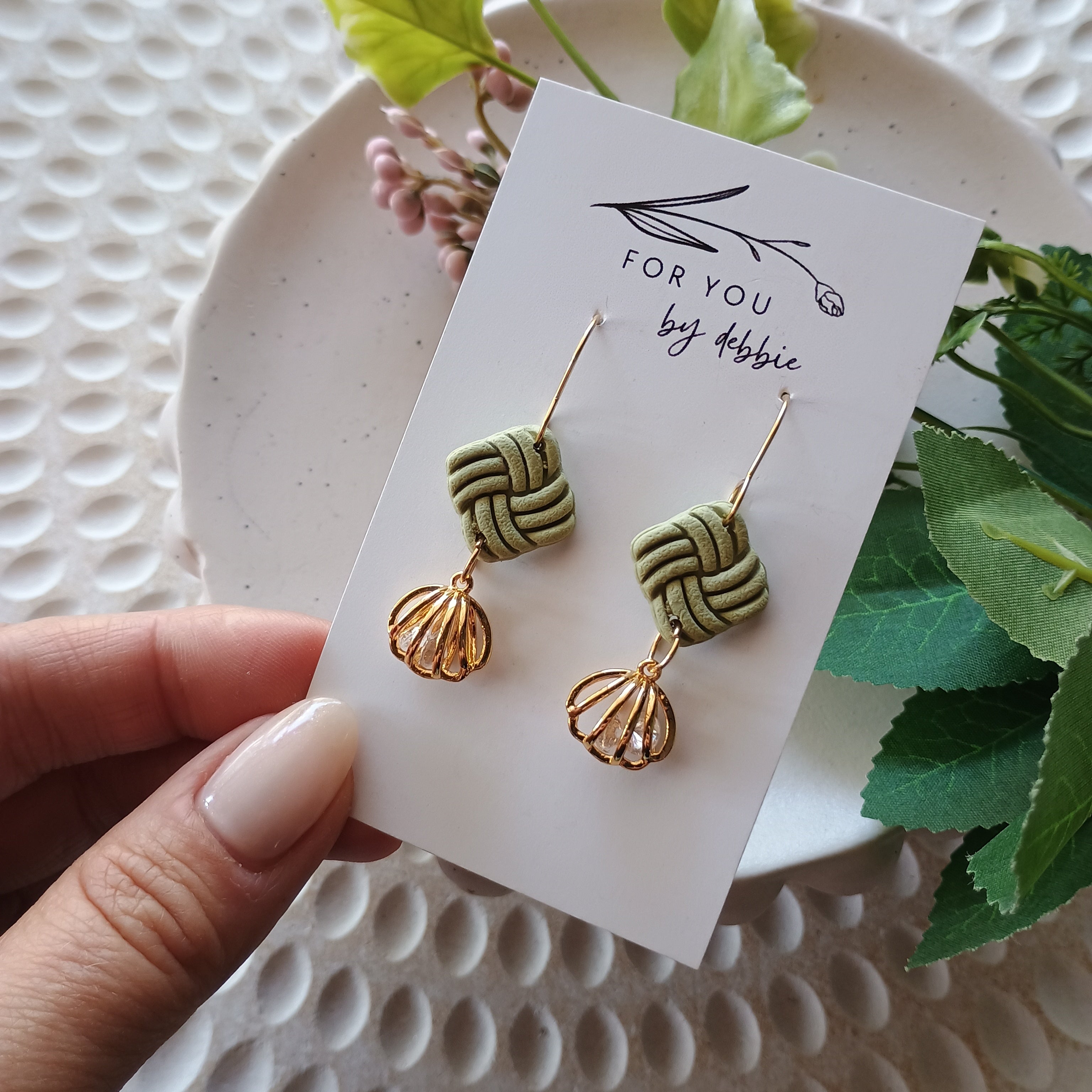 Embossed square dangle earrings- green and gold charm
