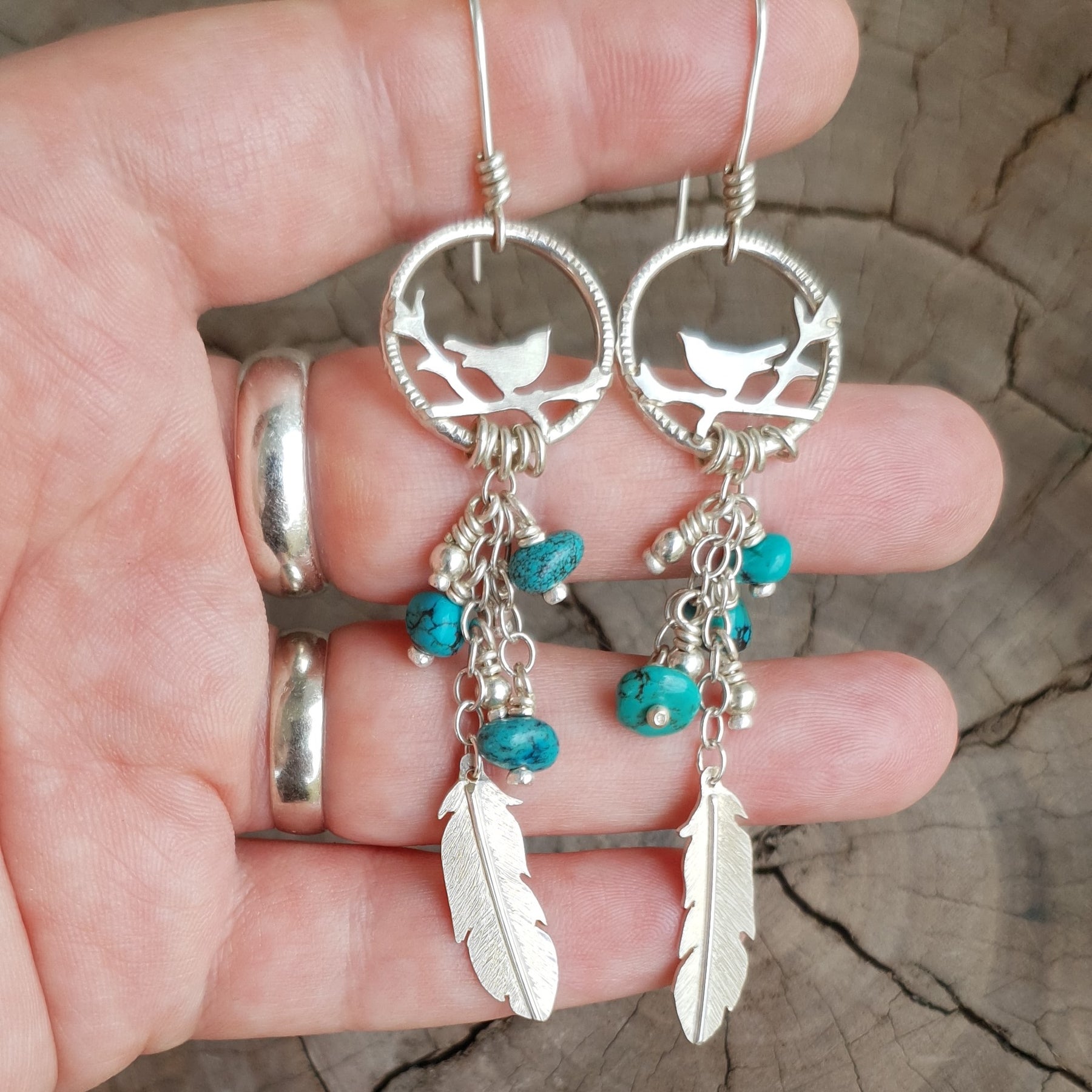 Free as a bird silver earrings with turquoise beads