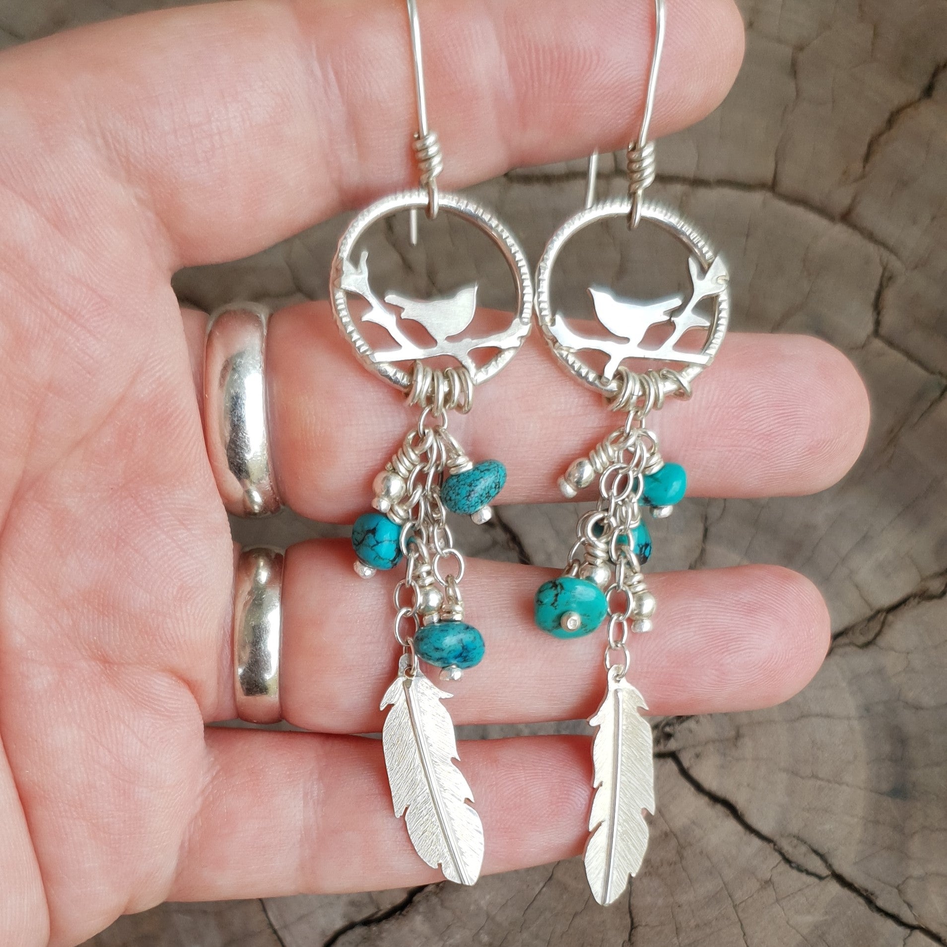 Free as a bird silver earrings with turquoise beads