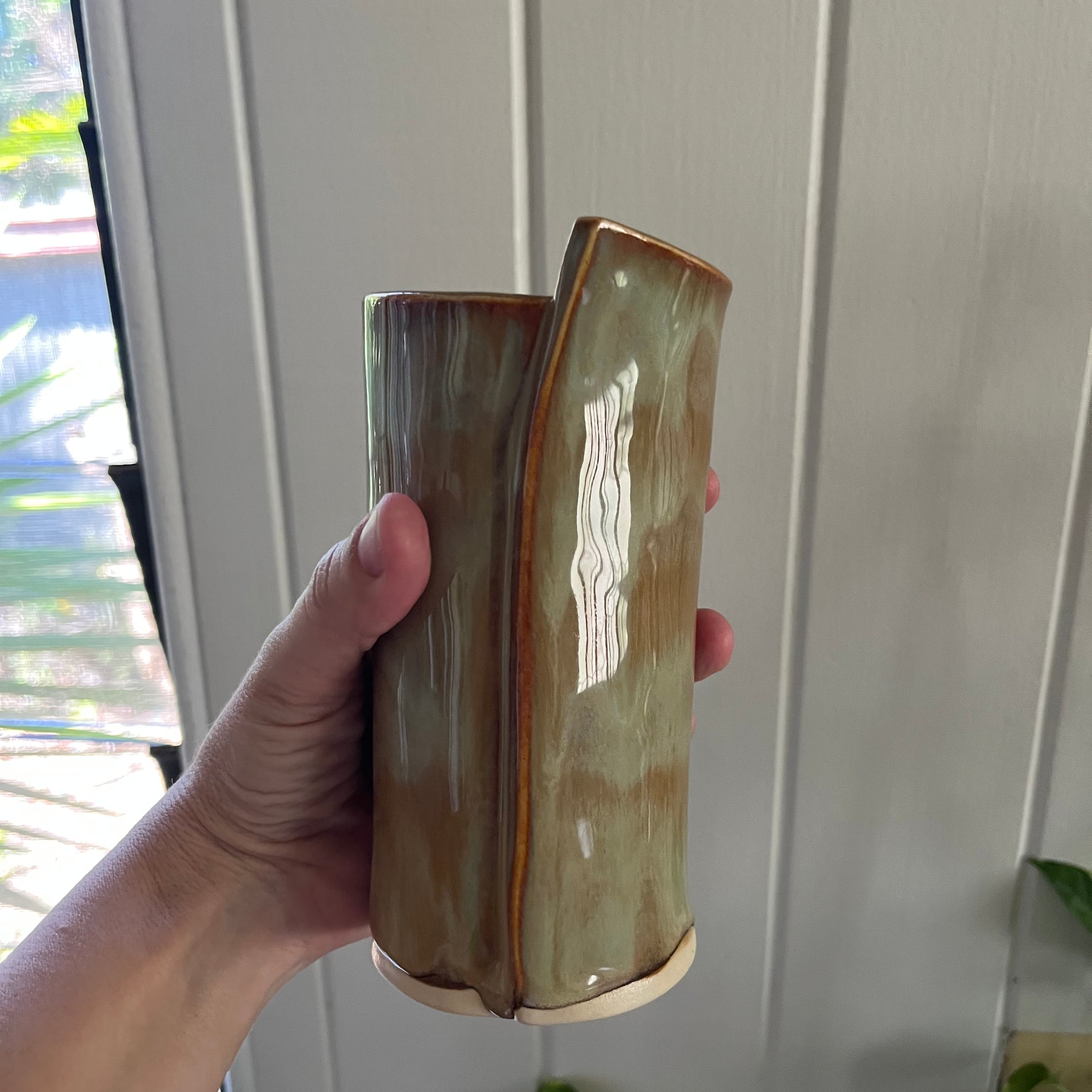 SOLD - Unique curved Ceramic Vase - Earthy Tones