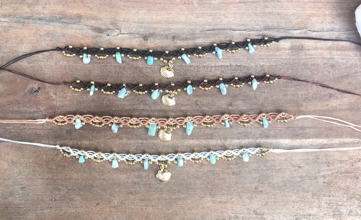 Larimar Gemstone Macrame Anklet: Brass beads and Shell Charm, adjustable