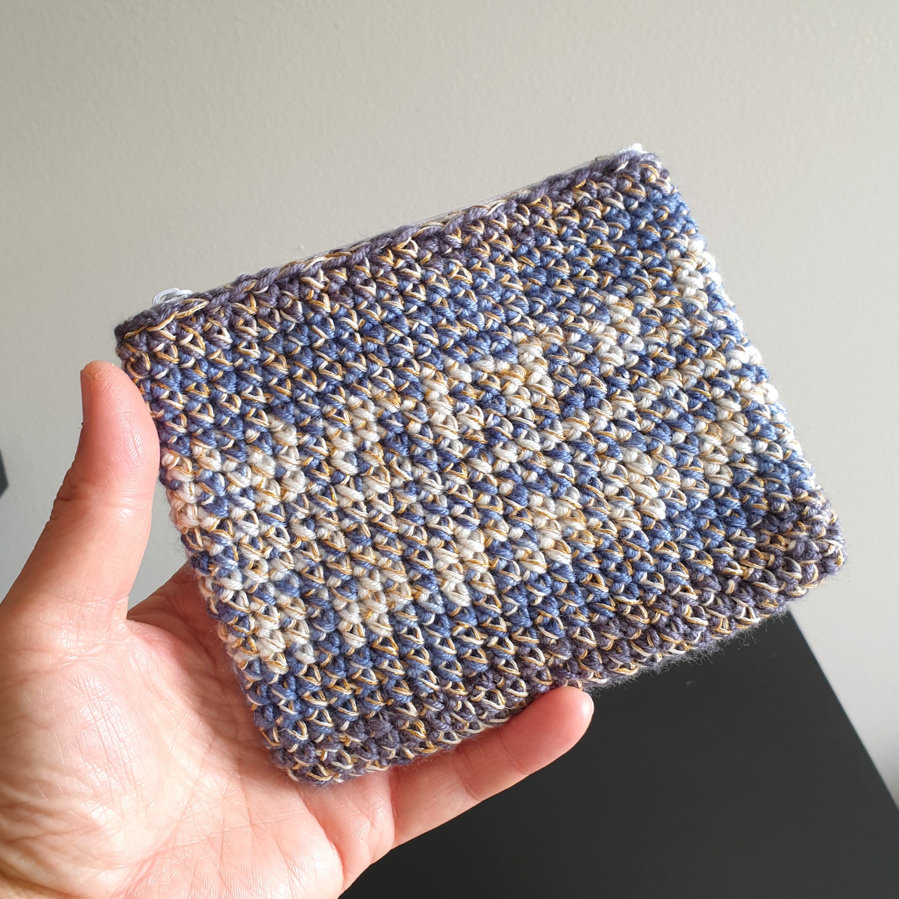 Handmade Zippered Crochet Travel Purse : Blue Gray Brown & Gold Silver mix