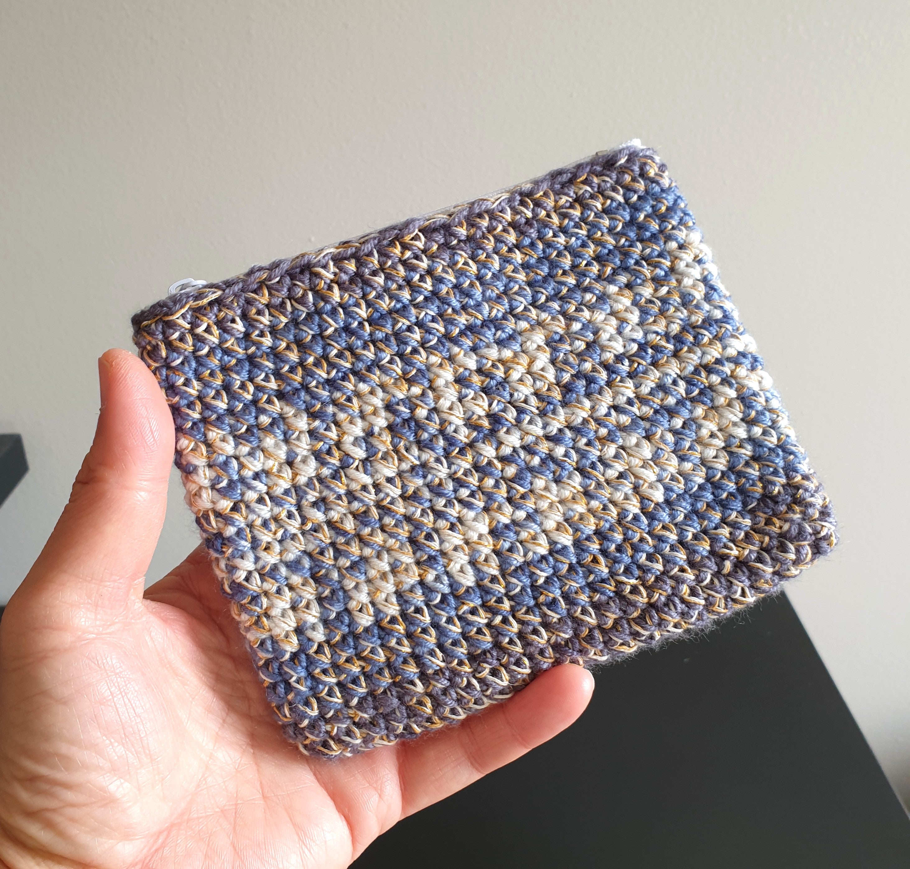 Handmade Zippered Crochet Travel Purse : Blue Gray Brown & Gold Silver mix