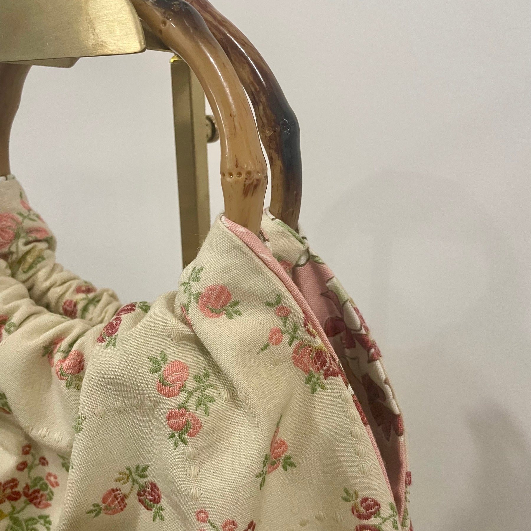 Small Embroidered Rose Granny Bag, Bamboo Handles, Handmade