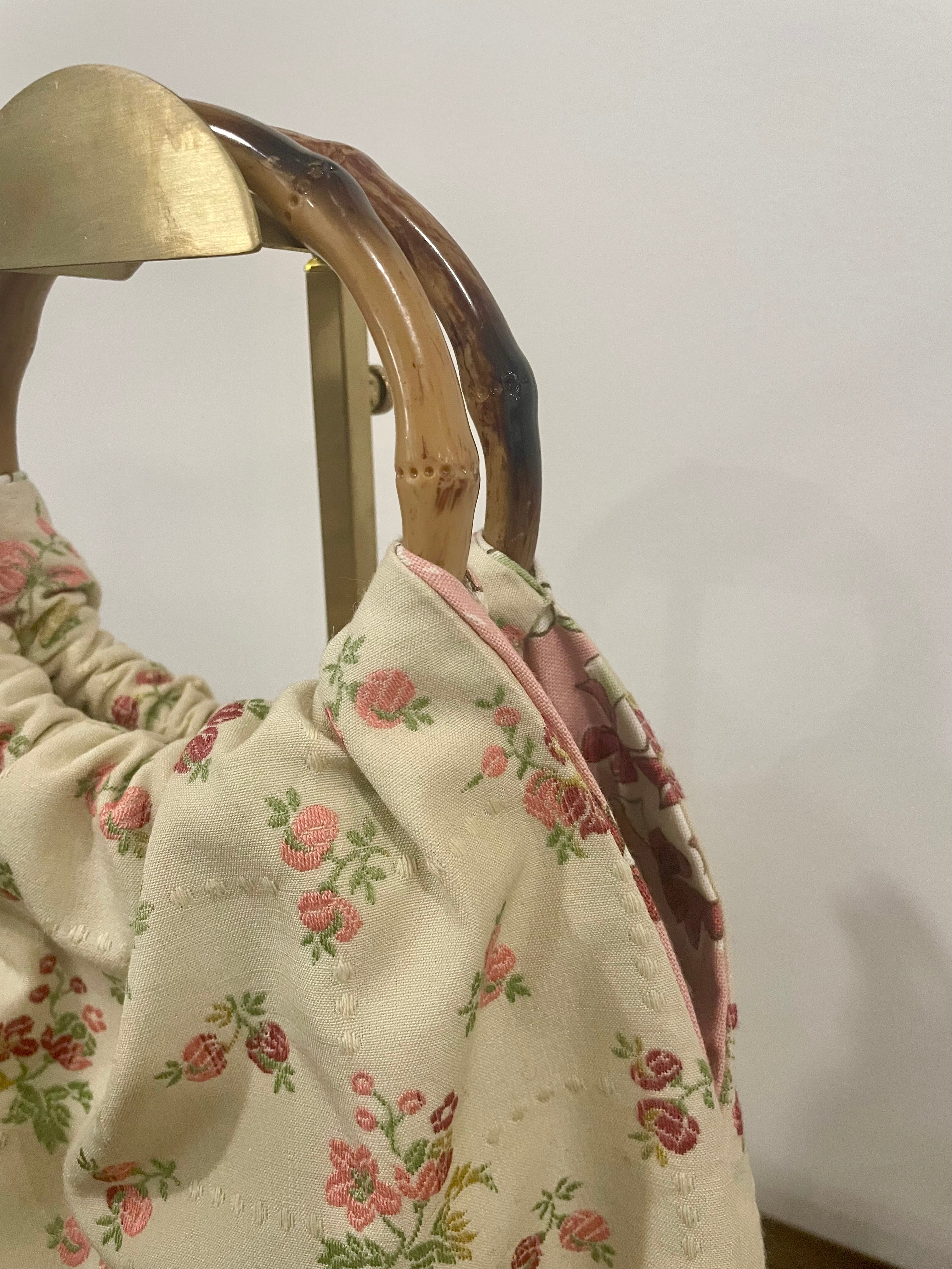 Small Embroidered Rose Granny Bag, Bamboo Handles, Handmade