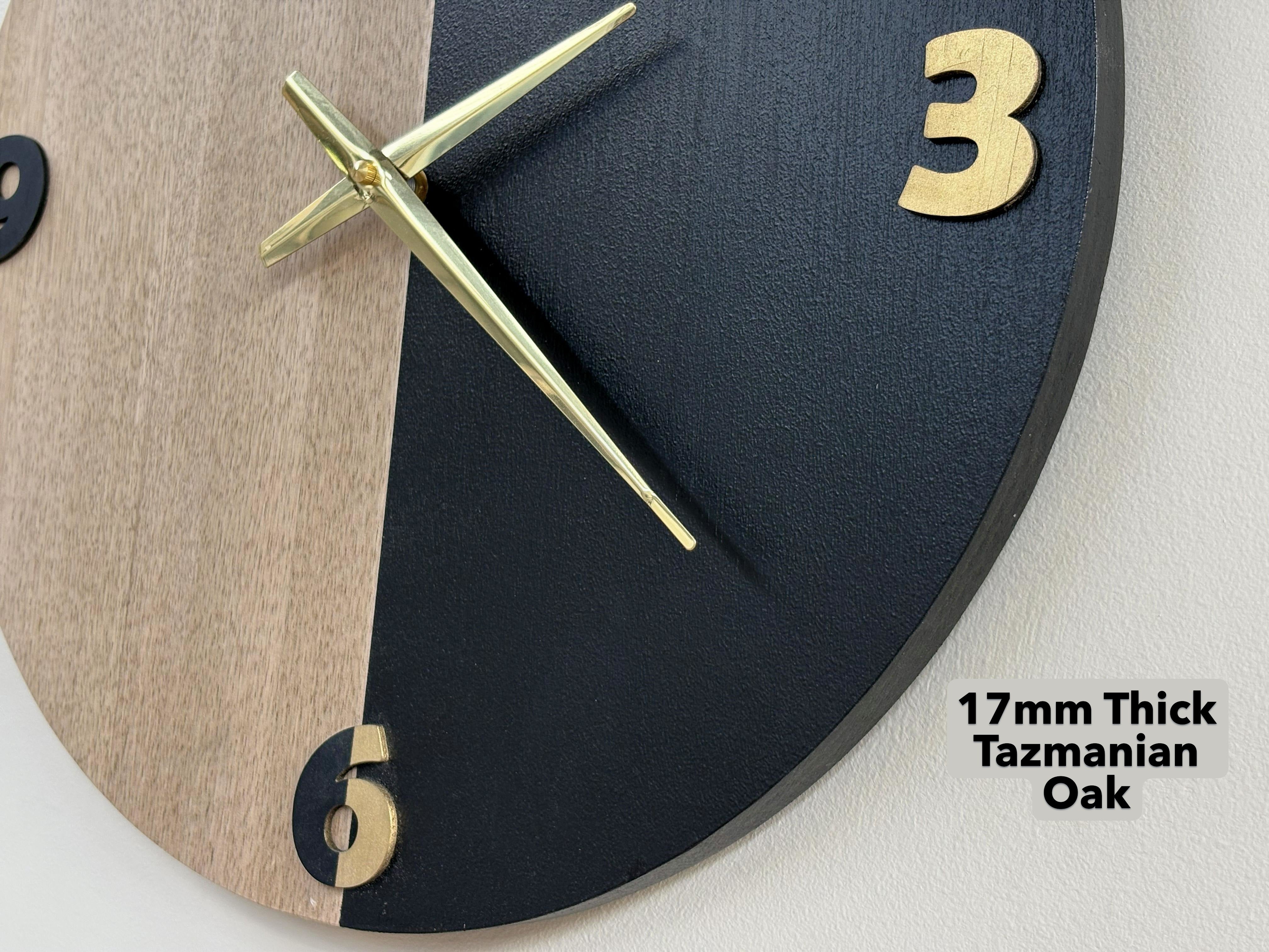 Division – Handmade Tasmanian Oak Wall Clock | Bold Split Design, Gold Hands, Silent Movement | 40cm