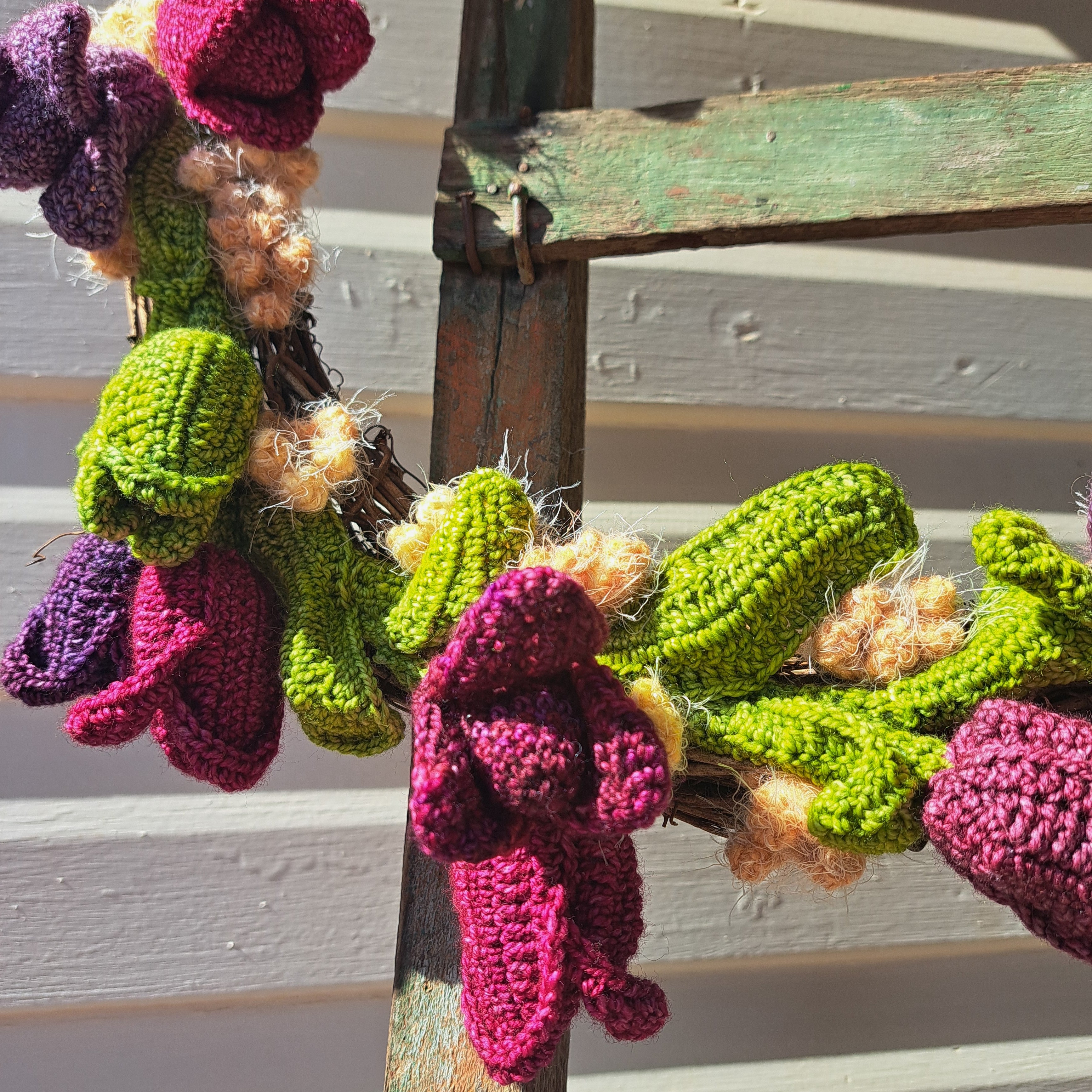 Handmade crochet tulip wreath pinks purples