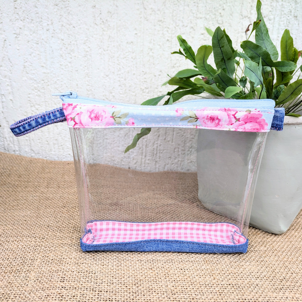 Clear Pouch Organiser with Upcycled Denim base Pink Rose