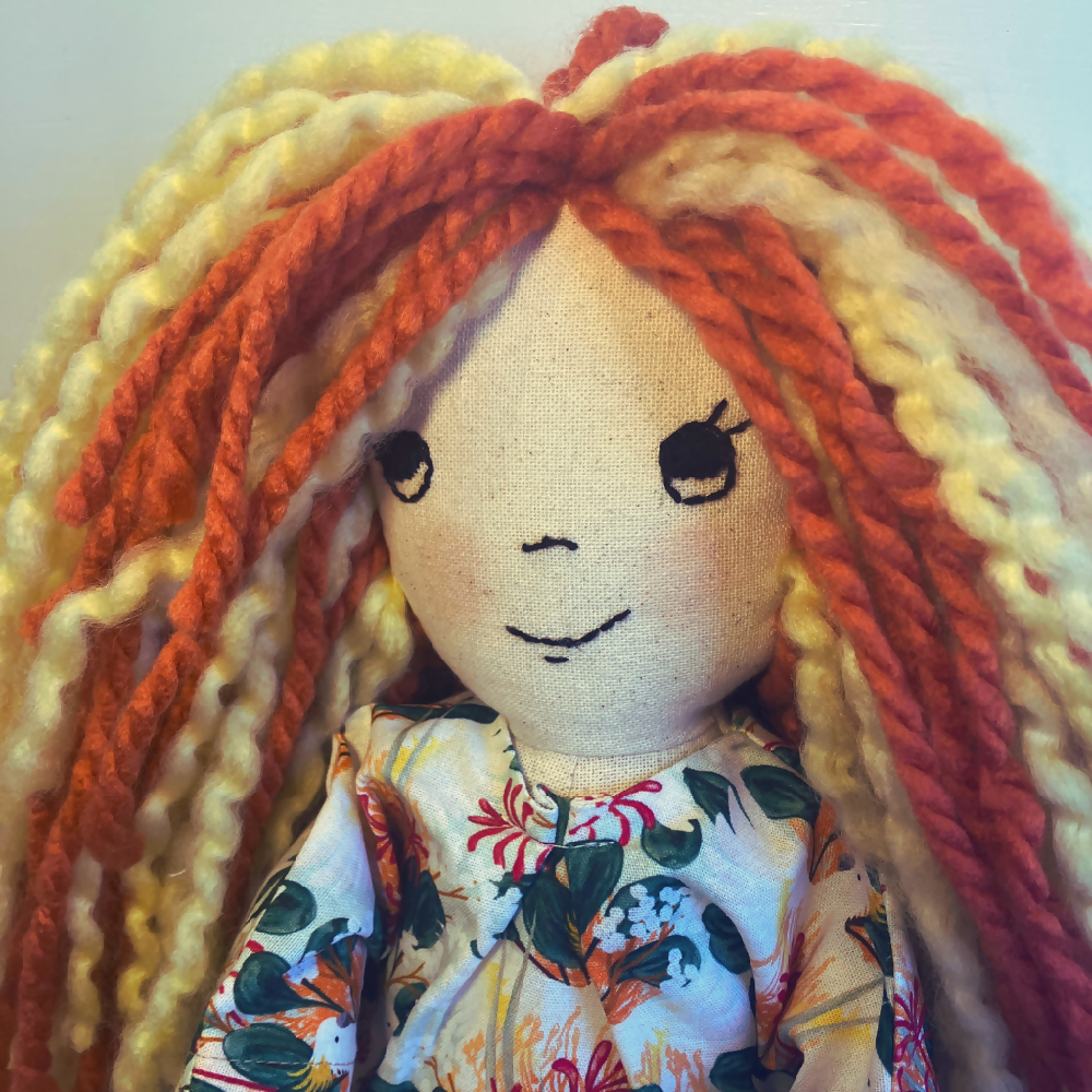 Emma| Cockatoo dress| Soft doll| Handmade Cloth doll with wild hair| 53cm