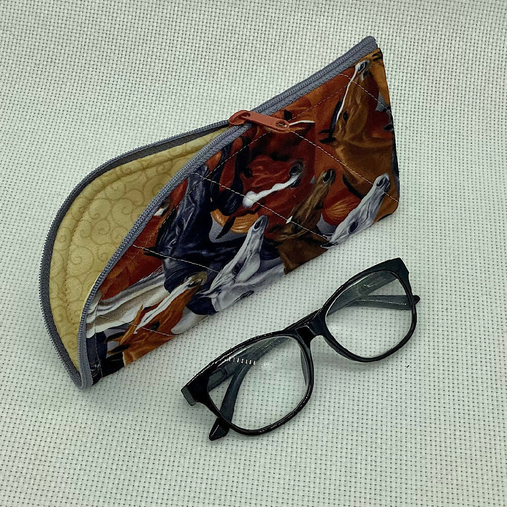 Horses ponies curved top zip pouch for glasses, phones, handbag organiser, etc.
