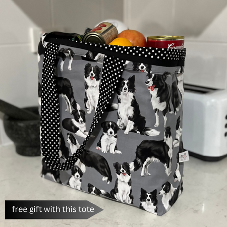 Grocery Tote ... Lined with storage pouch ... Border Collie