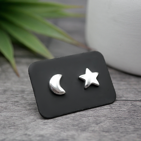 Star and Moon Studs - Handmade Sterling Silver Studs - Mismatched or Matching Pairs