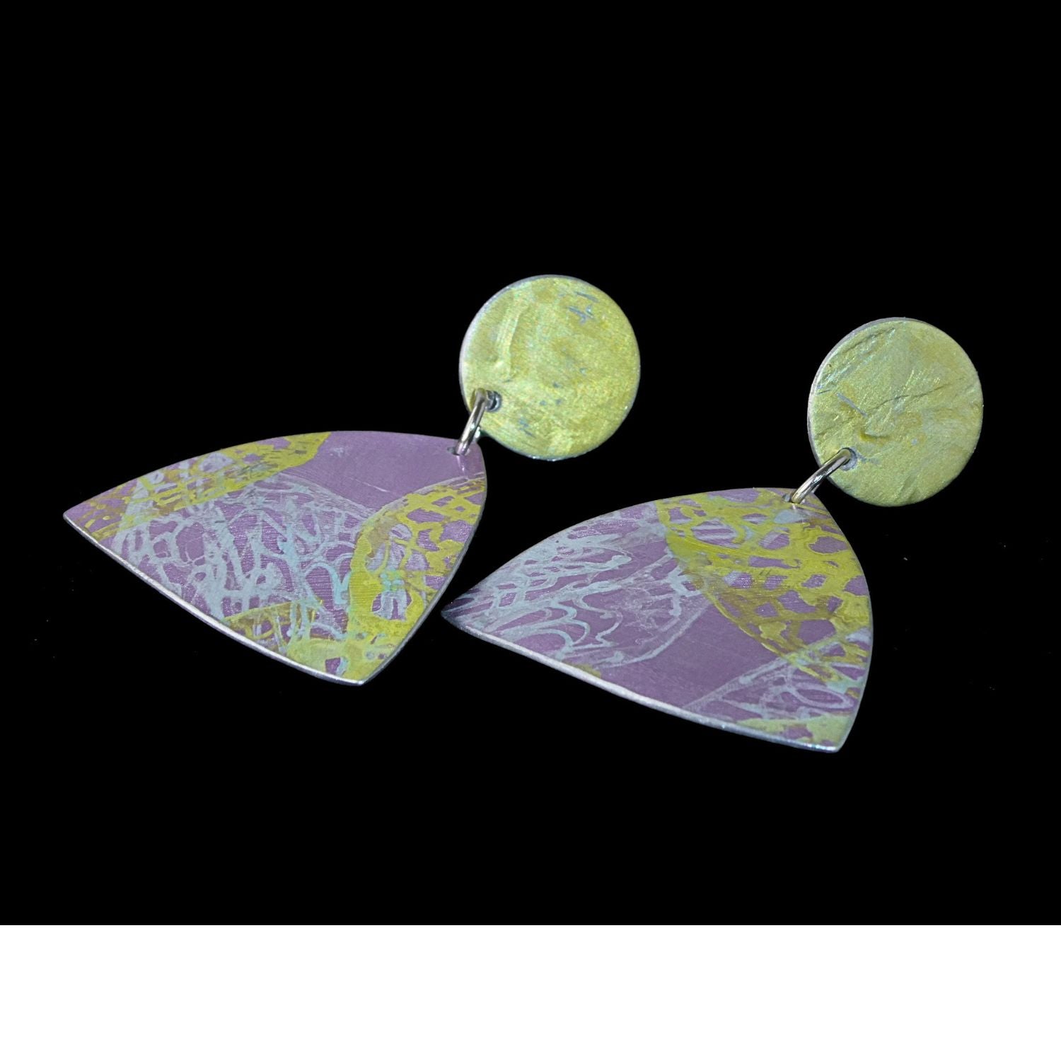 Anodised aluminium earrings hand printed Lemon Lace Collection