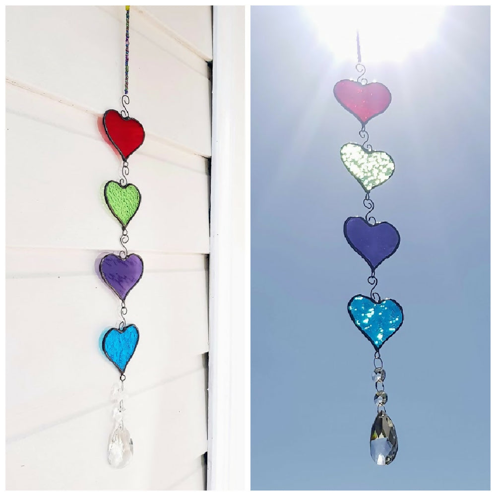 four colourful stained glass hanging hearts, hanging chain of hearts