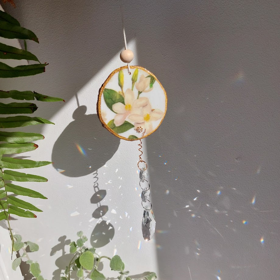 Crystal Suncatcher, Handmade Window Hanging, Floral Wood Art