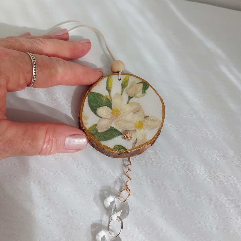 Crystal Suncatcher, Handmade Window Hanging, Floral Wood Art