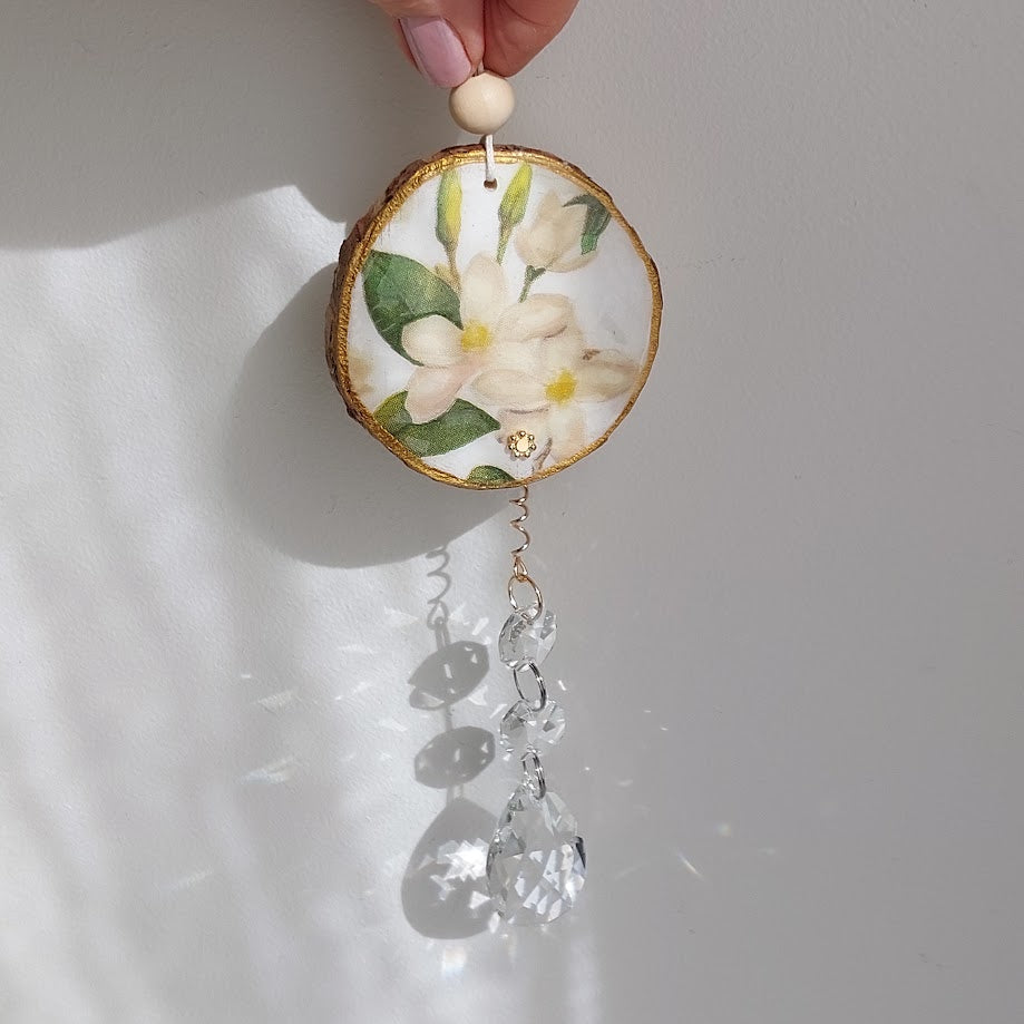 Crystal Suncatcher, Handmade Window Hanging, Floral Wood Art