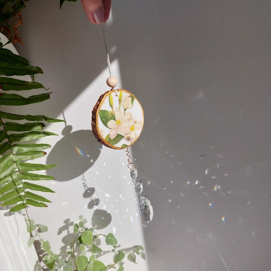 Crystal Suncatcher, Handmade Window Hanging, Floral Wood Art