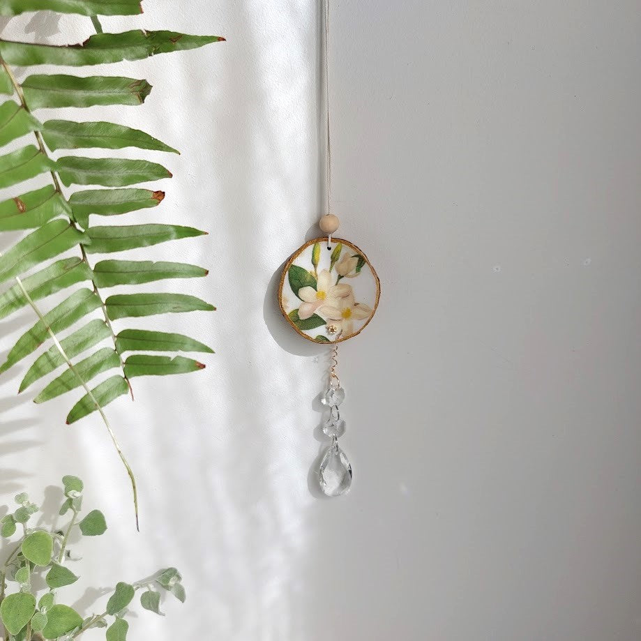 Crystal Suncatcher, Handmade Window Hanging, Floral Wood Art