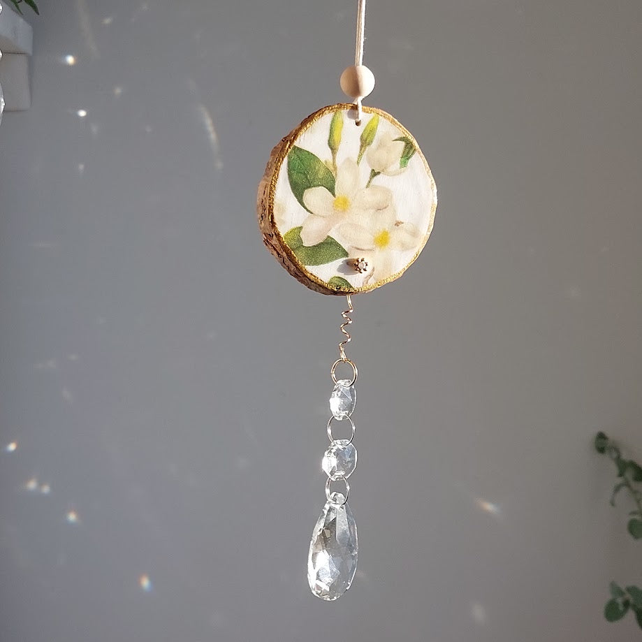 Crystal Suncatcher, Handmade Window Hanging, Floral Wood Art