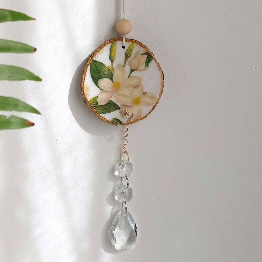 Crystal Suncatcher, Handmade Window Hanging, Floral Wood Art