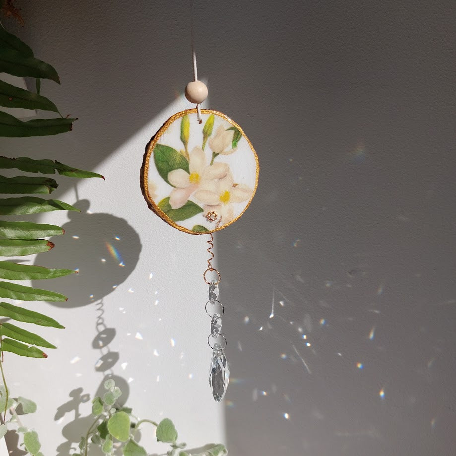 Crystal Suncatcher, Handmade Window Hanging, Floral Wood Art