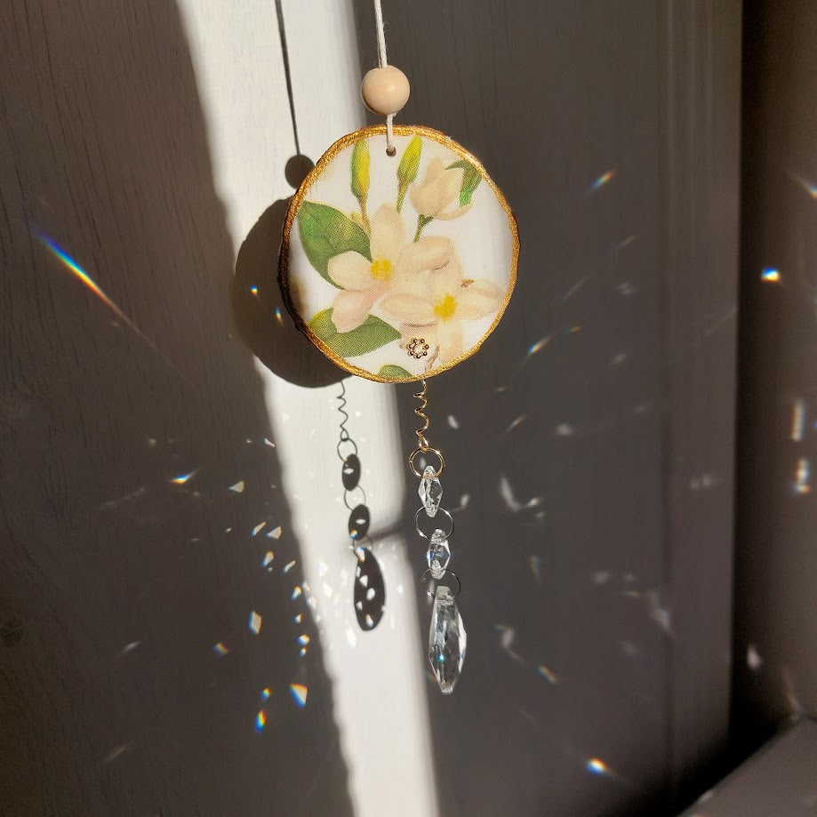 Crystal Suncatcher, Handmade Window Hanging, Floral Wood Art