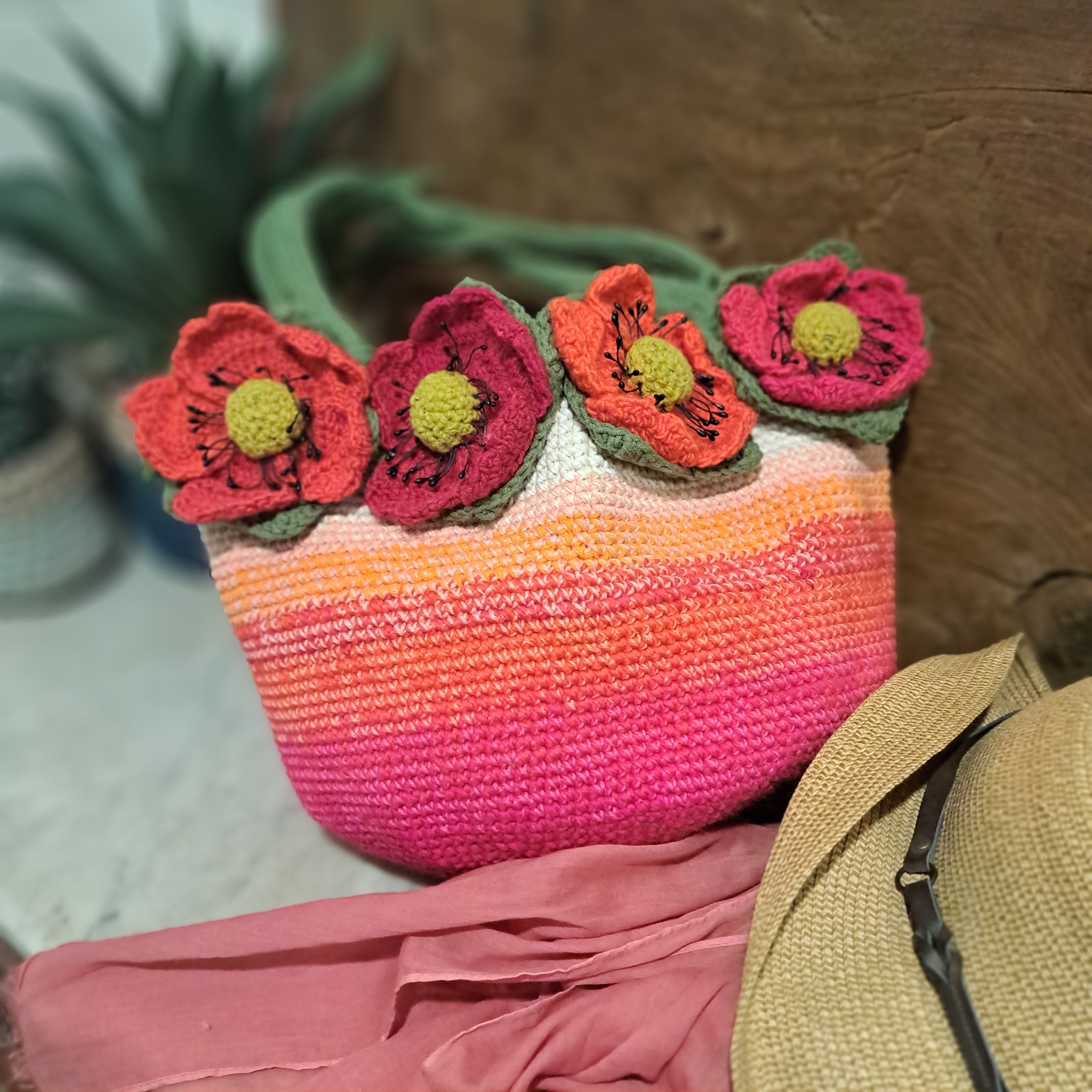 Crochet tote bag with big red poppies