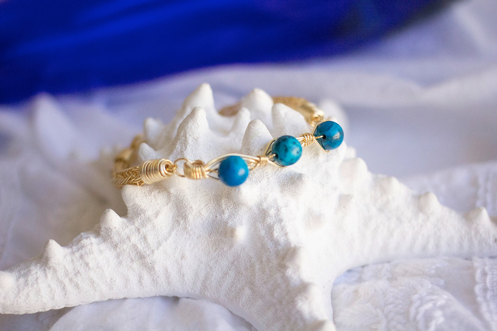 Gold Wire Knitted Bracelet With Blue Jasper Stone