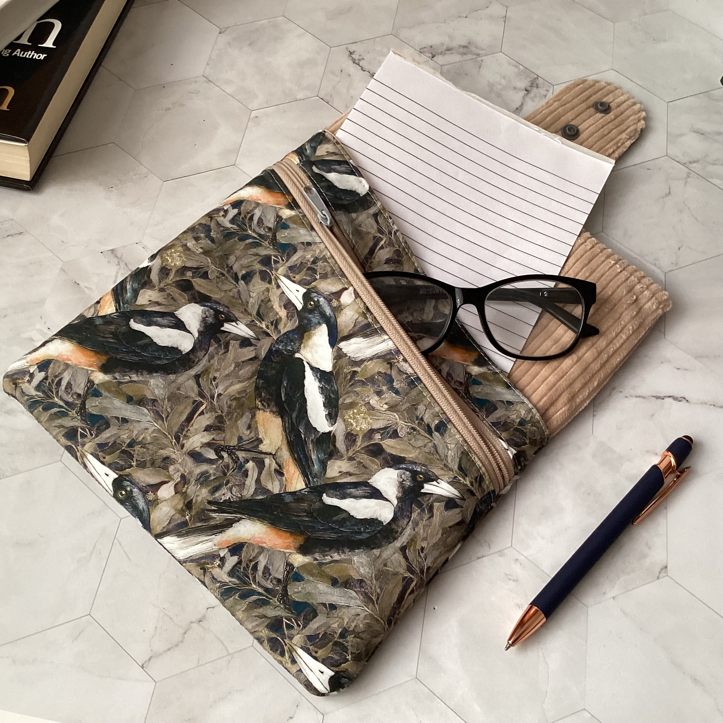 Australian magpies book sleeve with 2 pockets. iPad, tablet pouch