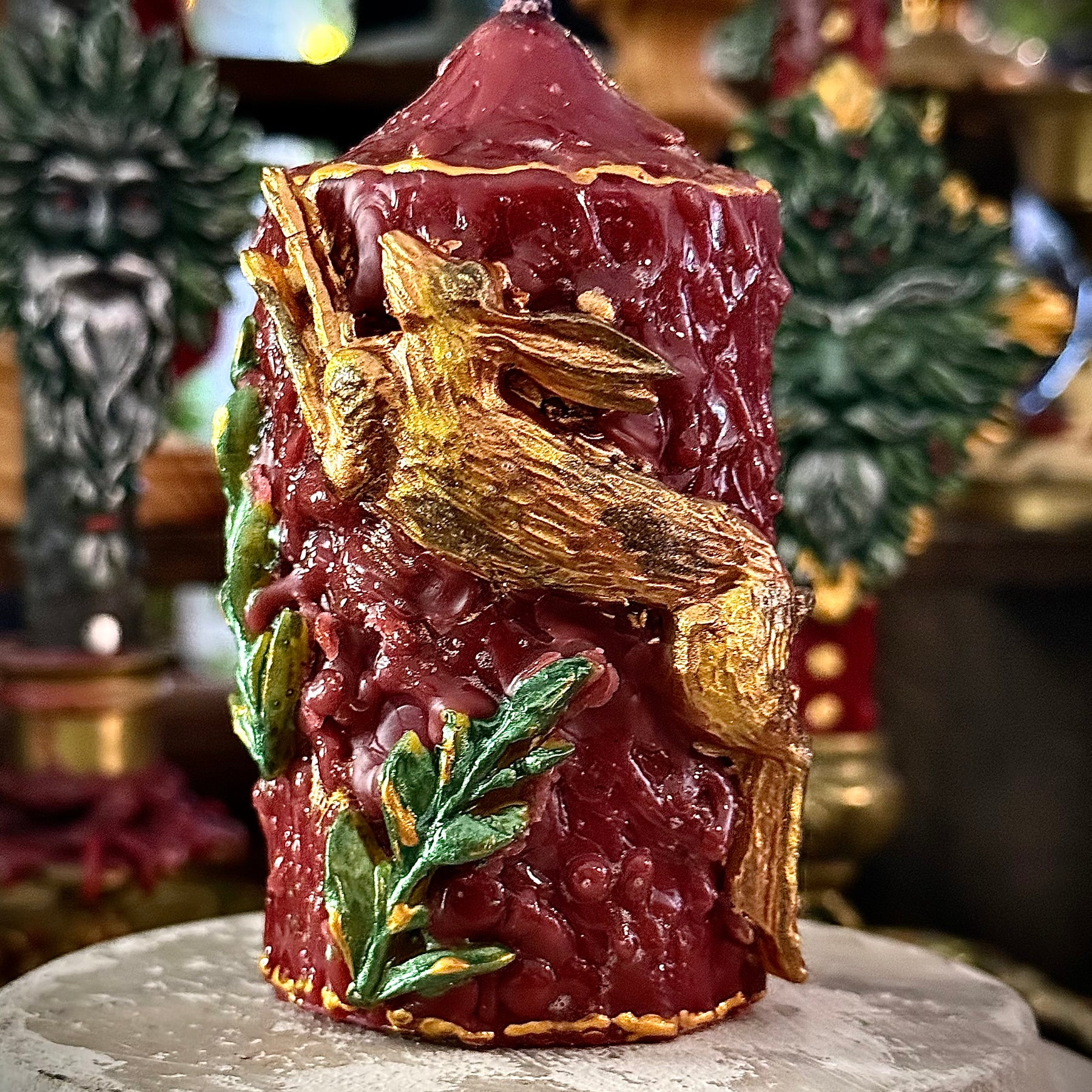The Hare Intention Ritual Spell Altar Beeswax Pillar Candle Gold Burgundy