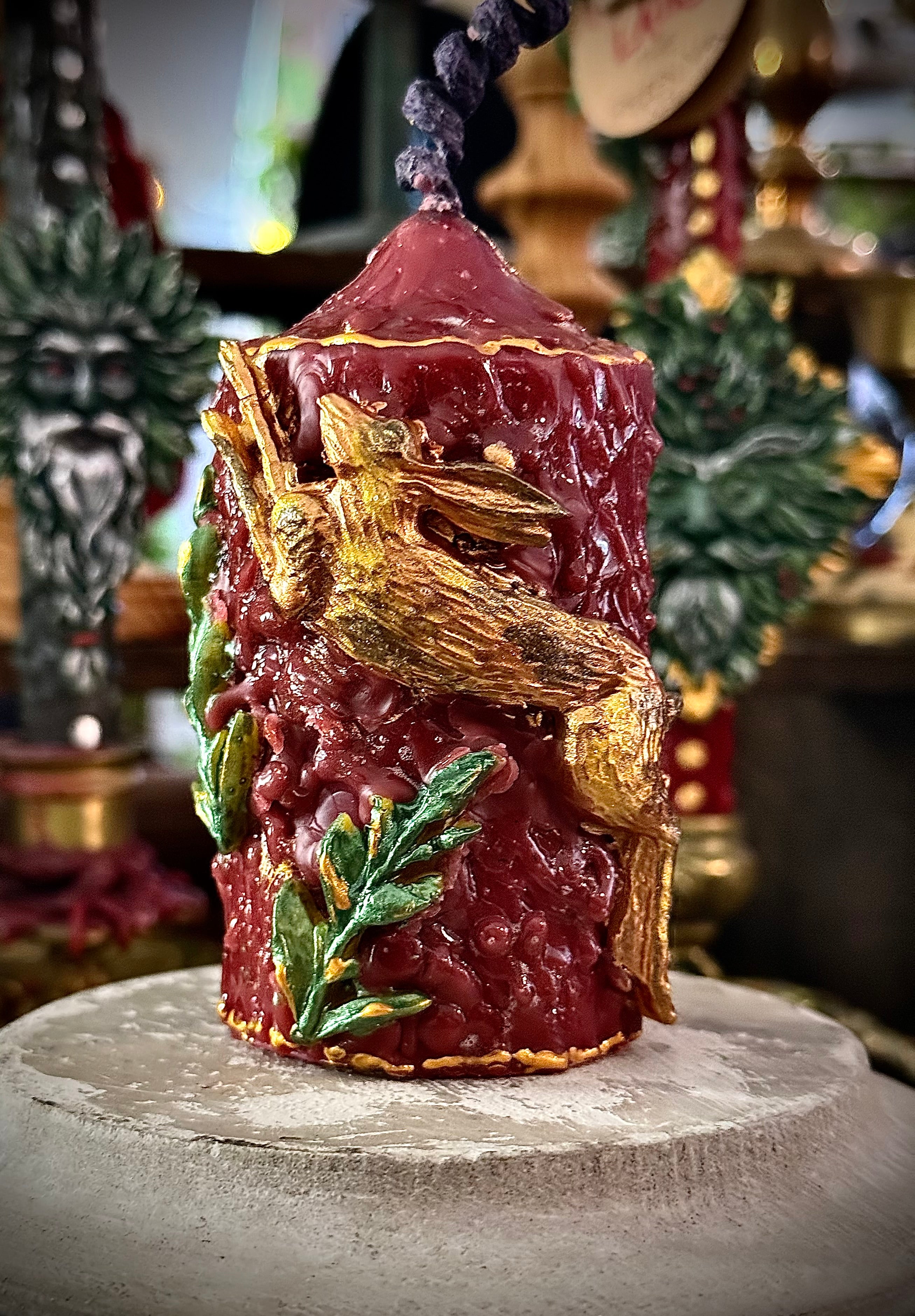 The Hare Intention Ritual Spell Altar Beeswax Pillar Candle Gold Burgundy
