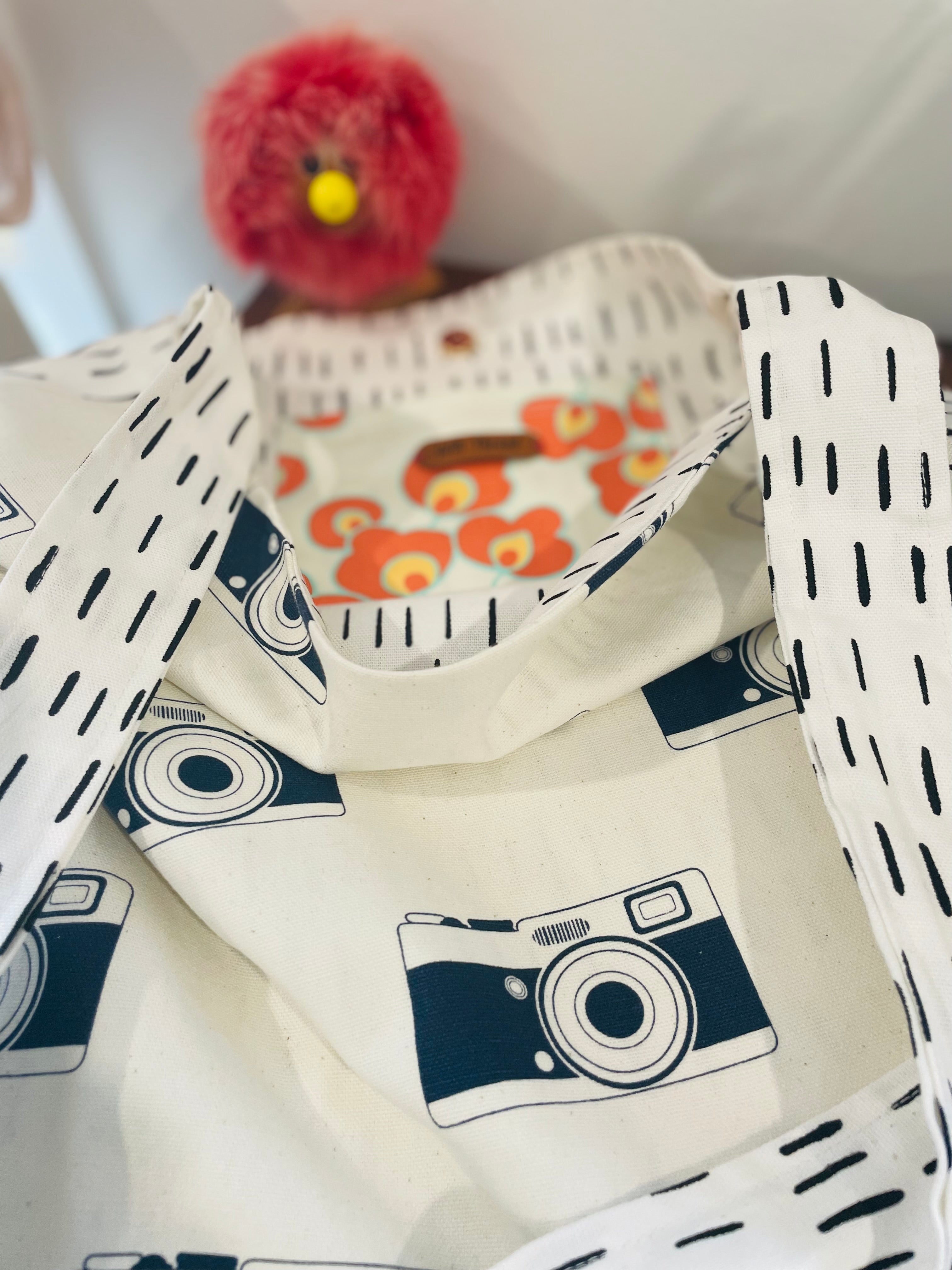 Retro Camera Print Tote Bag, Upcycled