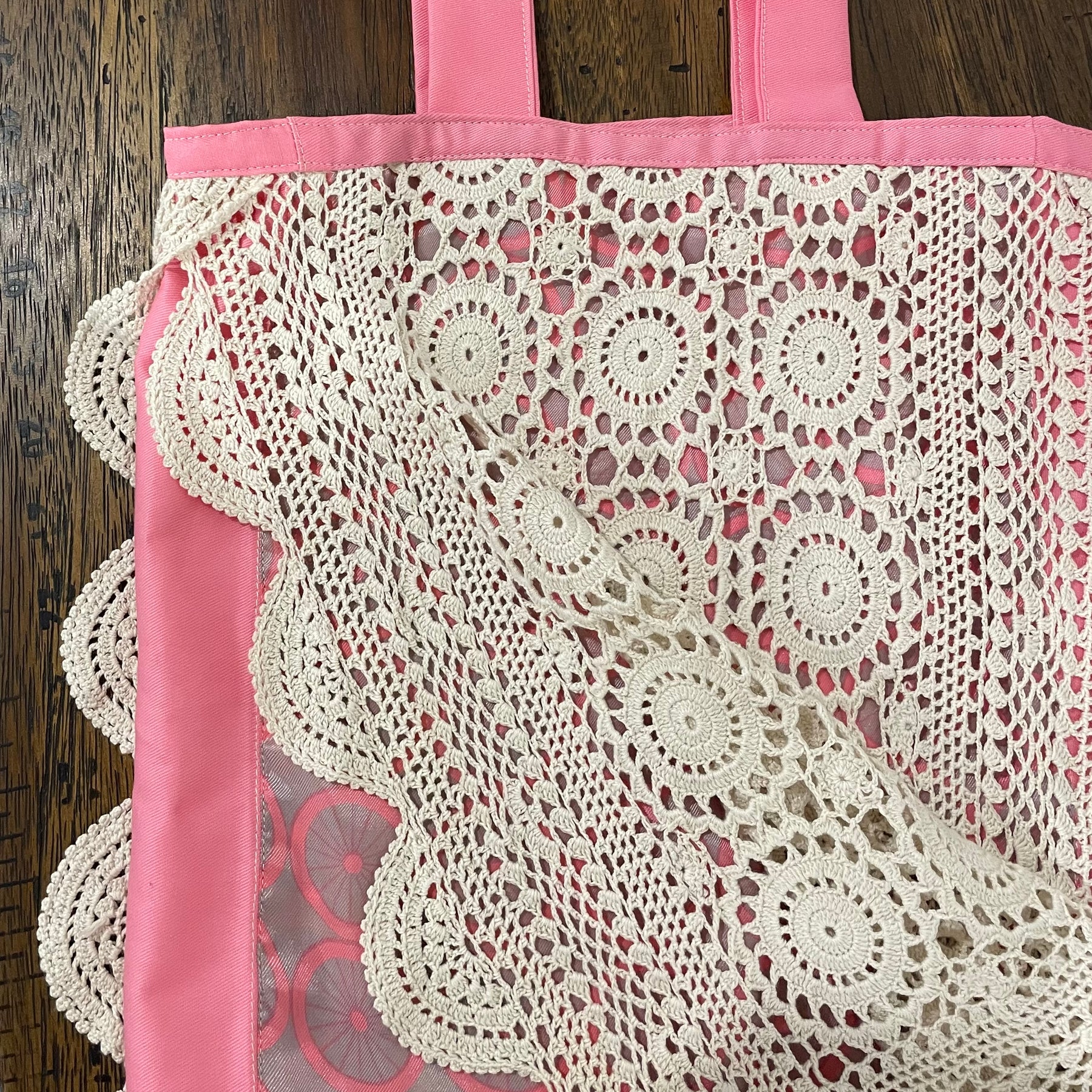 Crochet Doily Tote | Upcycled Silk Scarf & Pink Cotton Shoulder Bag