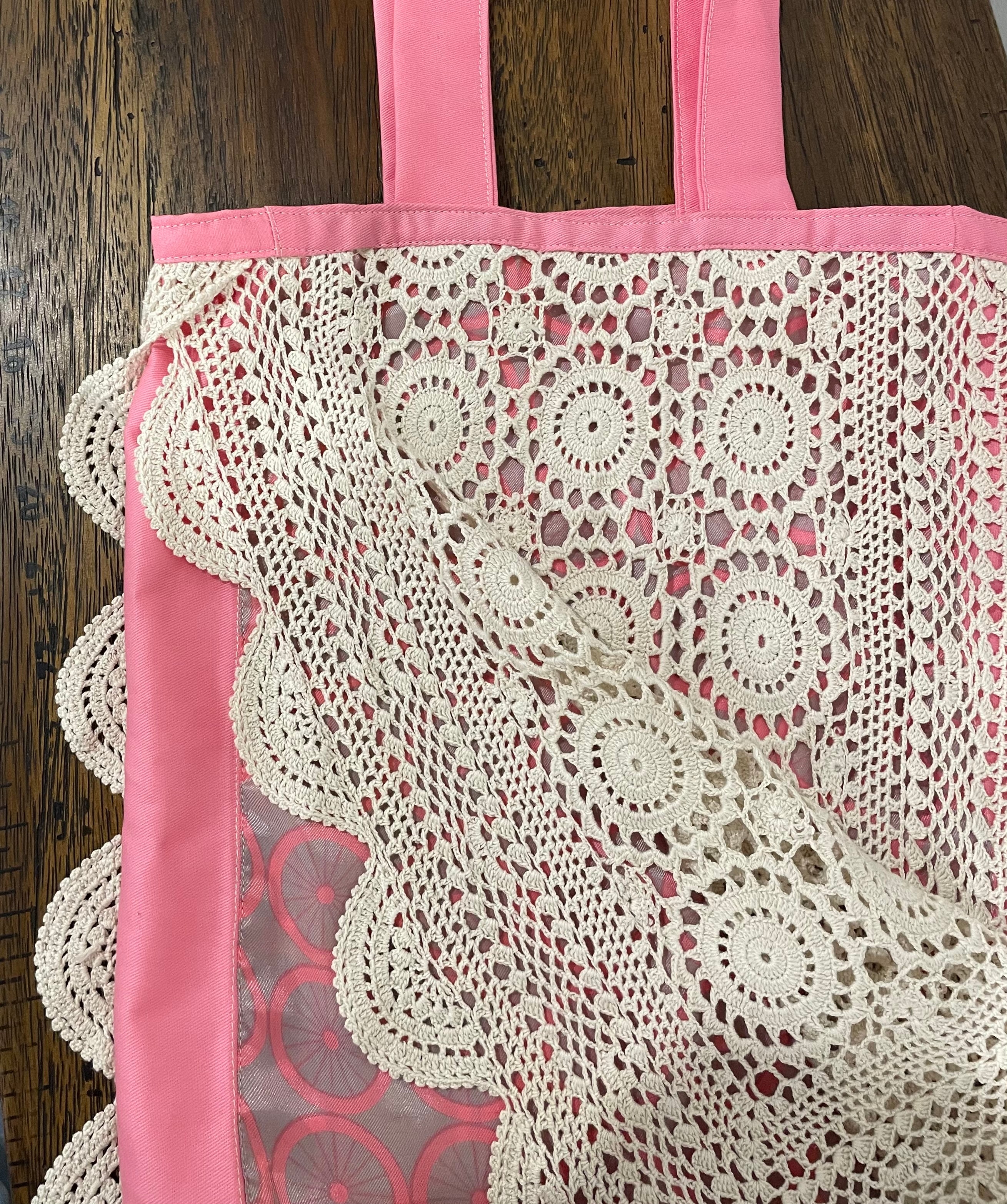 Crochet Doily Tote | Upcycled Silk Scarf & Pink Cotton Shoulder Bag