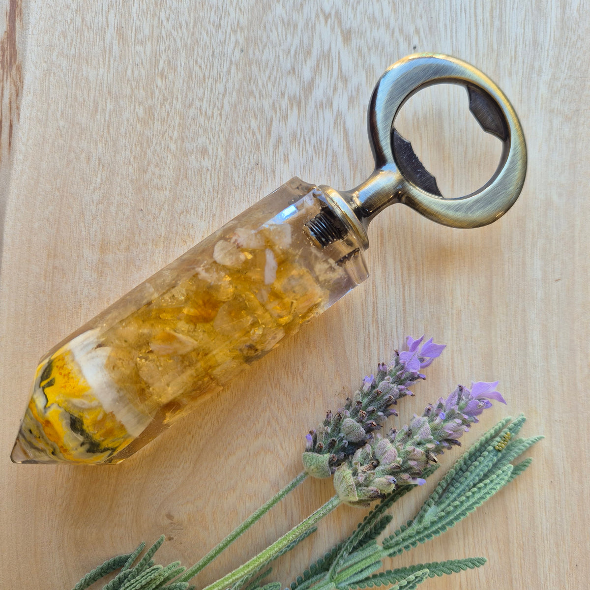 Handmade Resin Bottle Opener with embedded Jasper and Citrine
