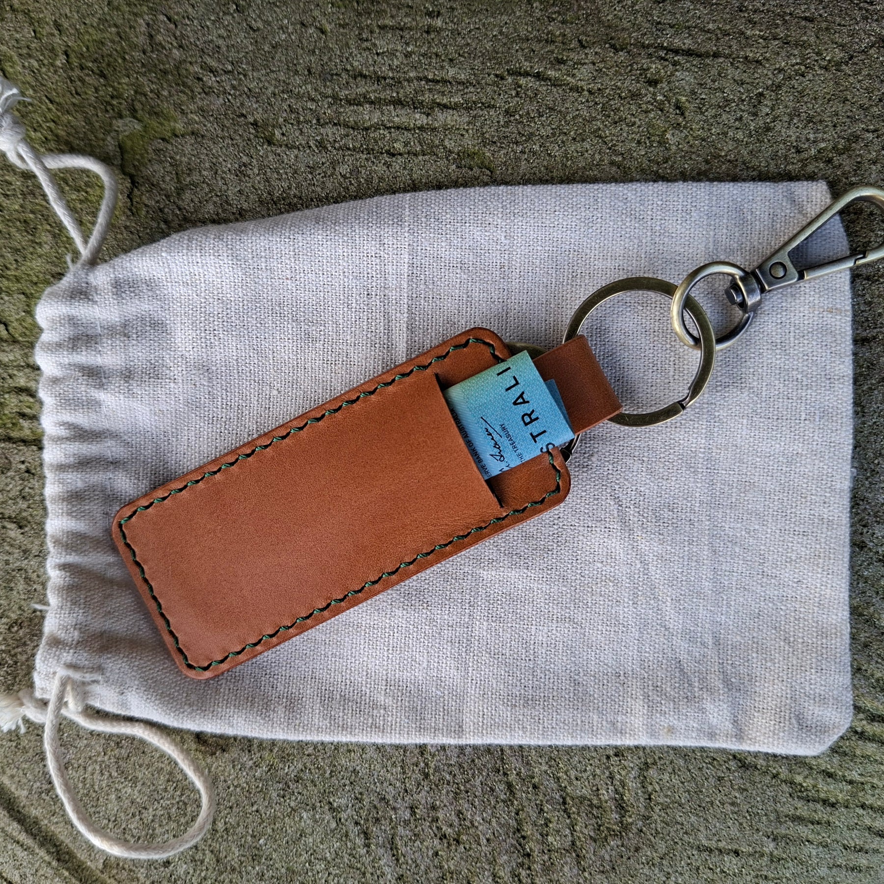 Keyring With Secret Cash Holder - Green Thread Buttero Leather