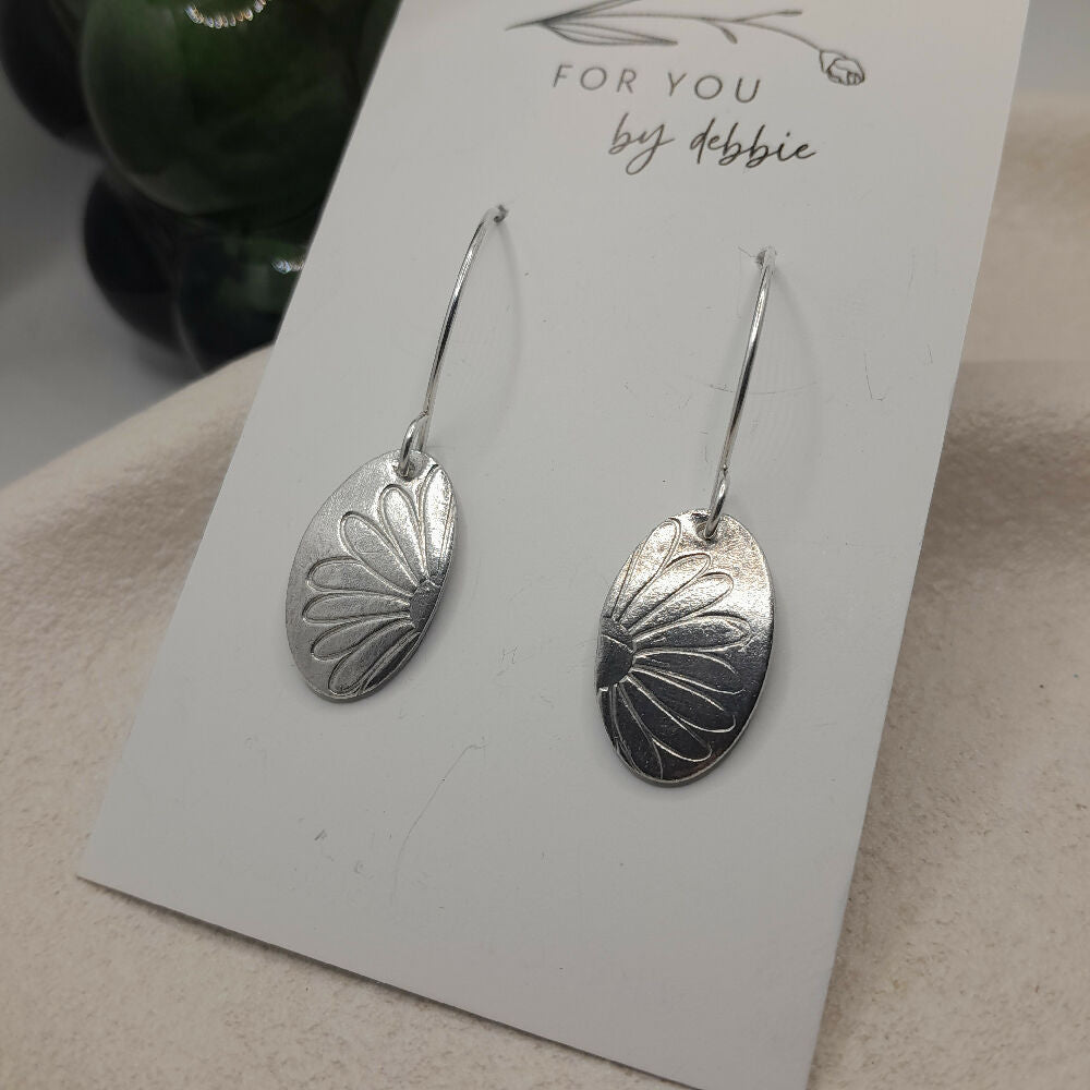 Fine silver flower stamp hook earrings - handmade silver ear wires