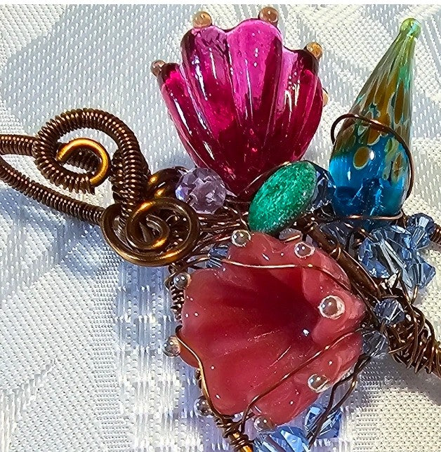 Tree of Life Pendant Featuring Artisan Made Lampwork Flowers FREE POST