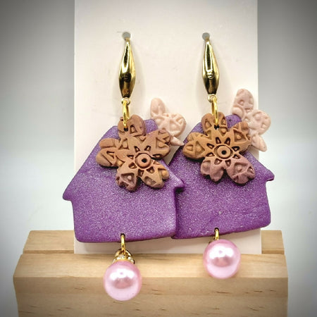 Purple Whimsical Cottage Earrings with Pink Pearl Drops