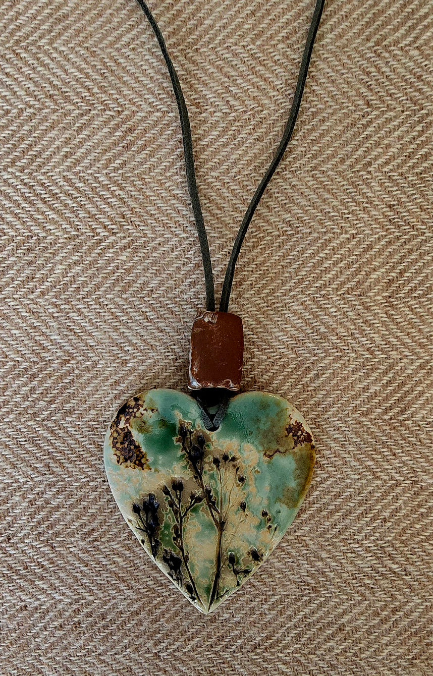 Handmade Clay Heart Pendant –  Botanical Necklace