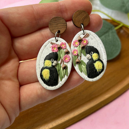 Black cockatoo pink gum blossom earrings