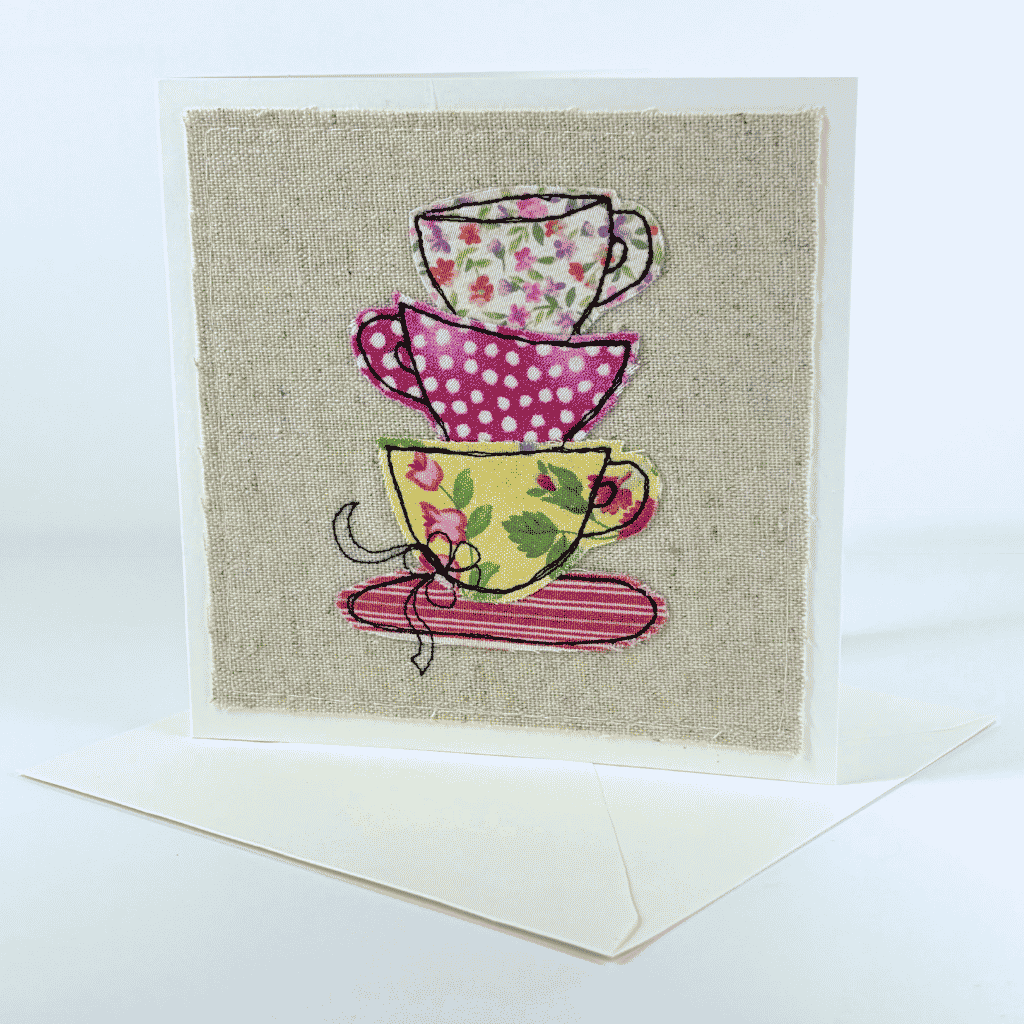 Teacups - Handmade Fabric Greeting Card