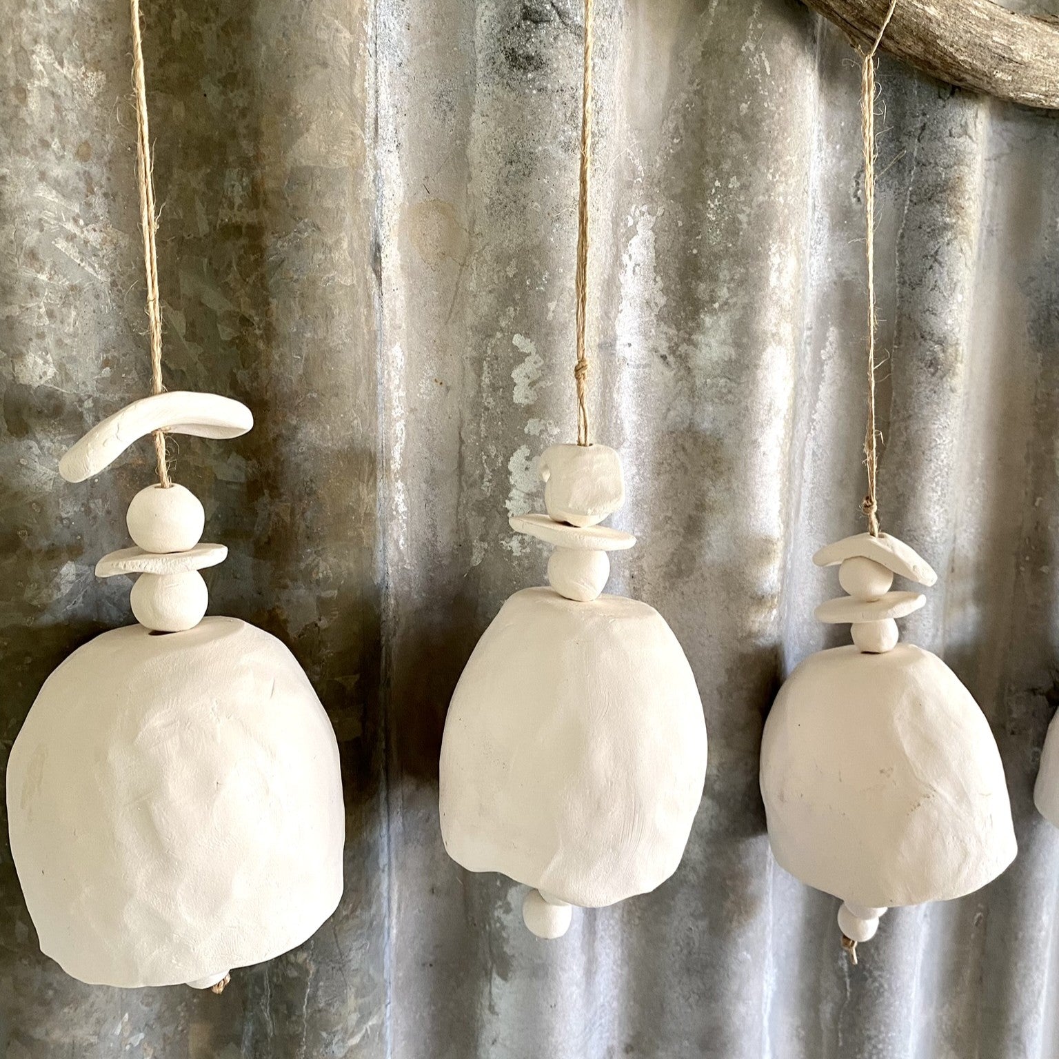 Handmade White Clay Bell on jute string (26-14)