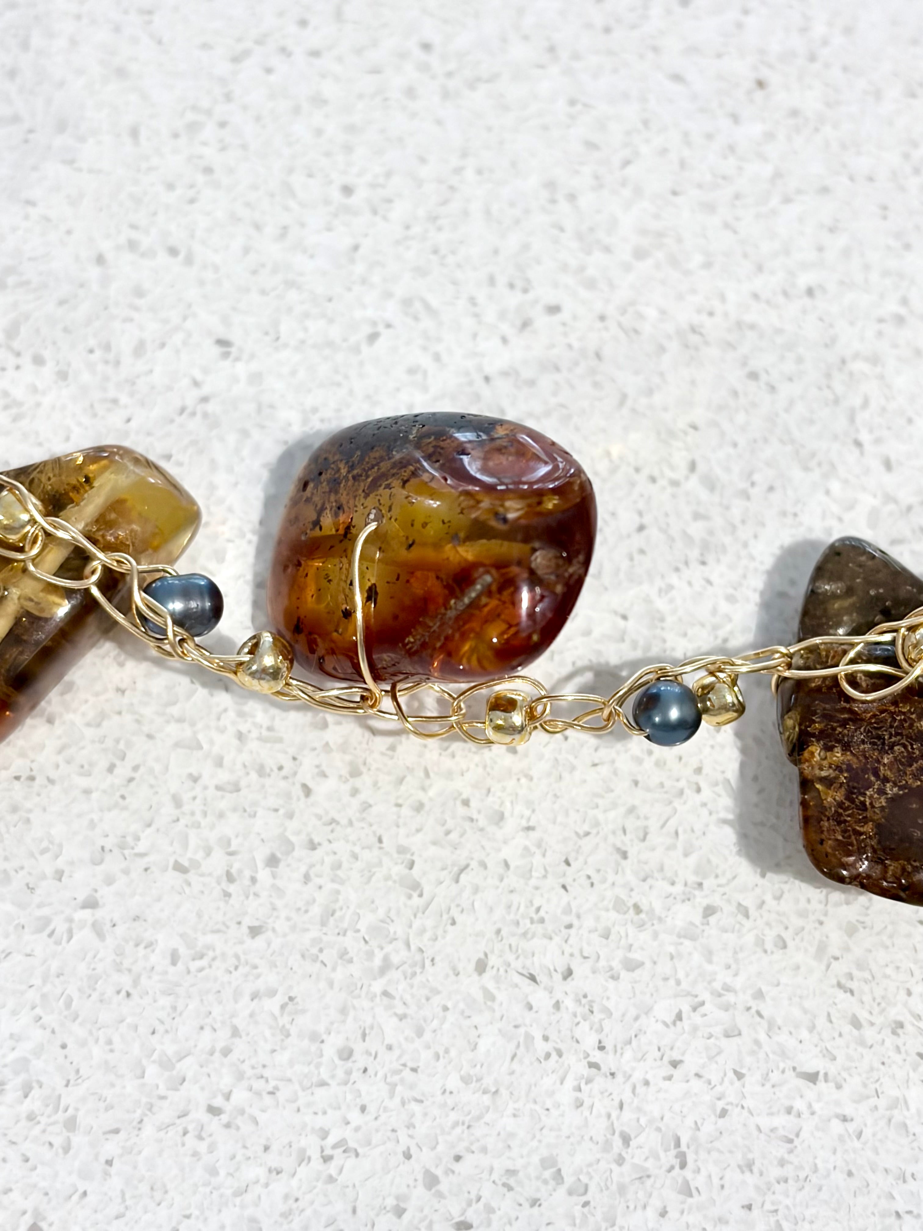 Amber & Pearls Necklace-Chocker “Sunset”