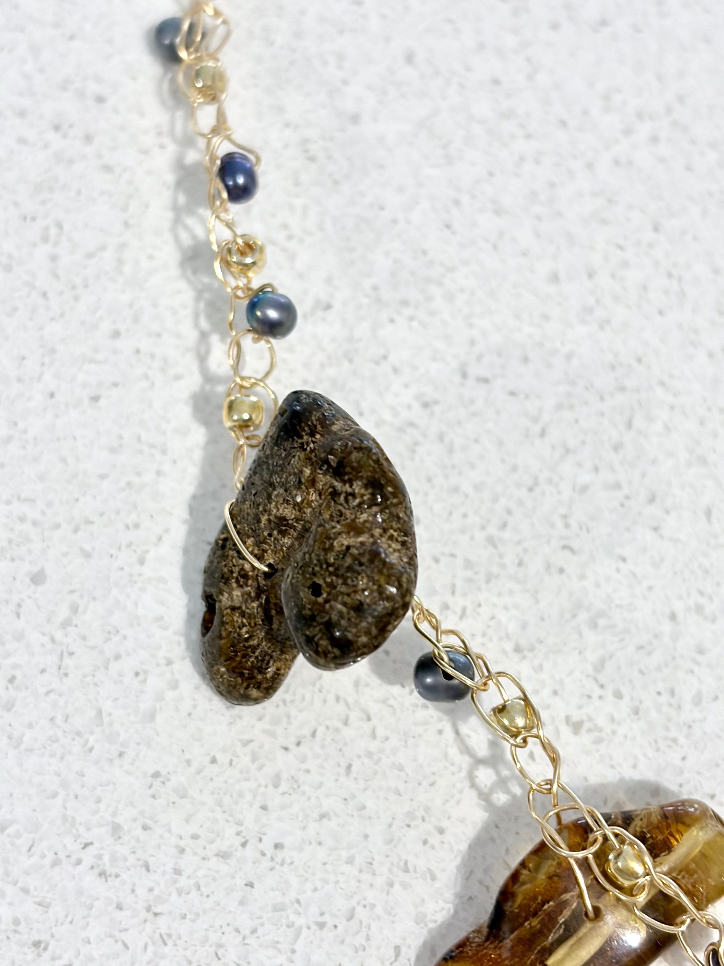 Amber & Pearls Necklace-Chocker “Sunset”