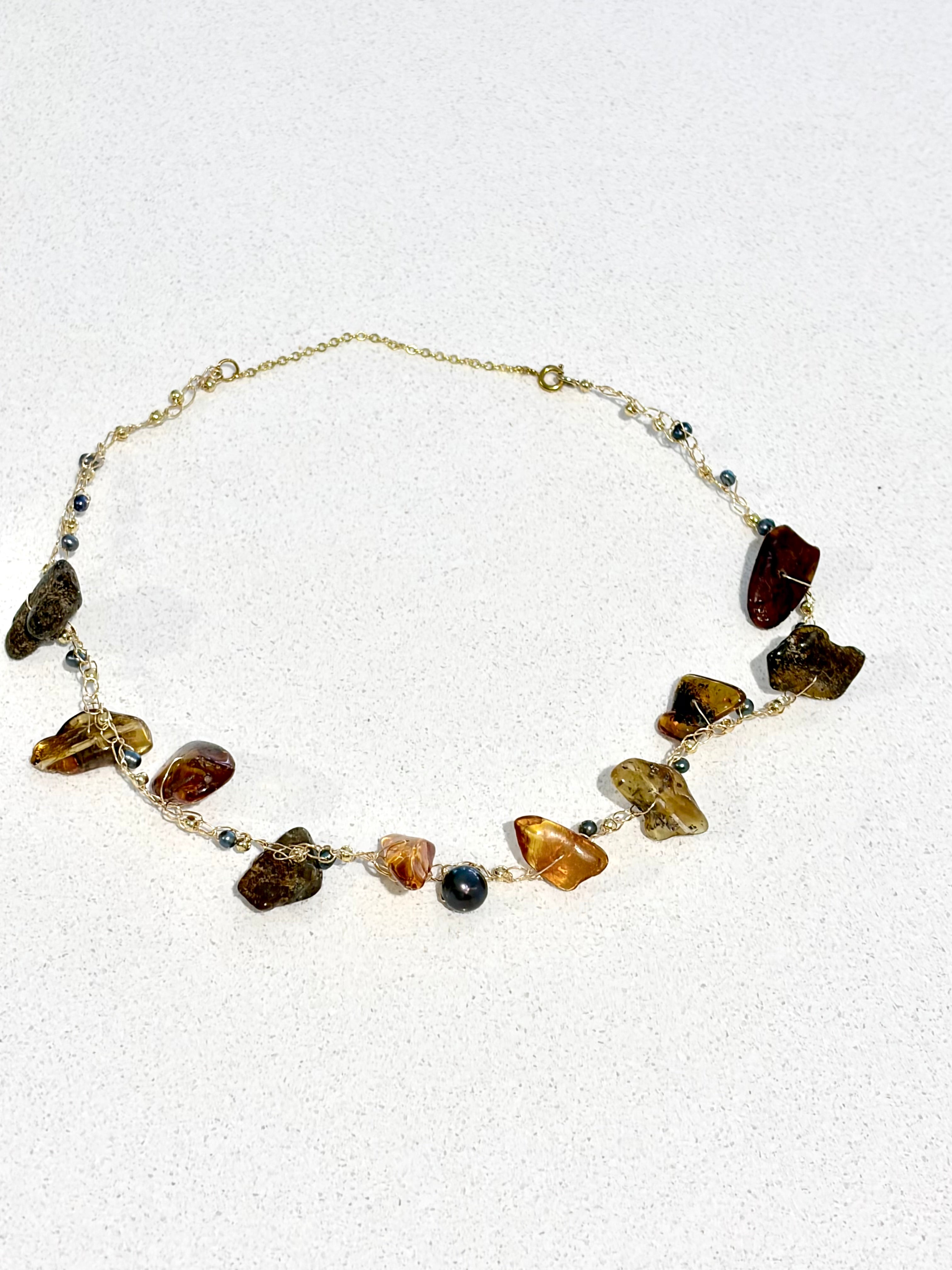 Amber & Pearls Necklace-Chocker “Sunset”
